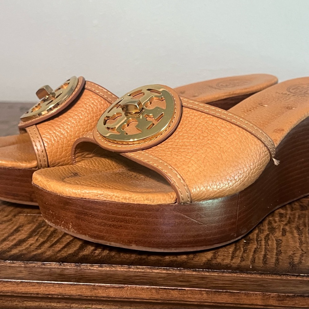 Tory Burch Tan Leather Mules with Gold Accents